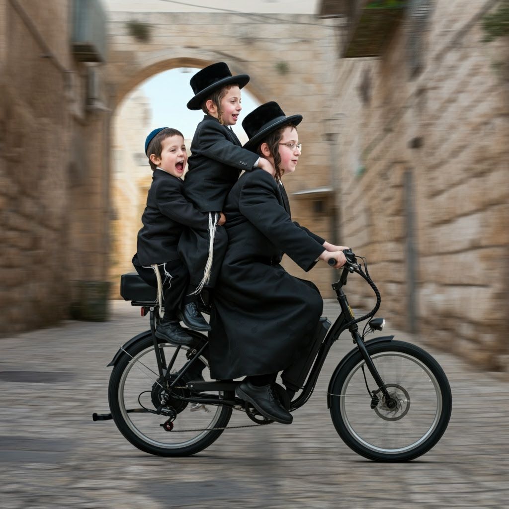 Humorous Hasidic Boys Ride Through Jerusalem