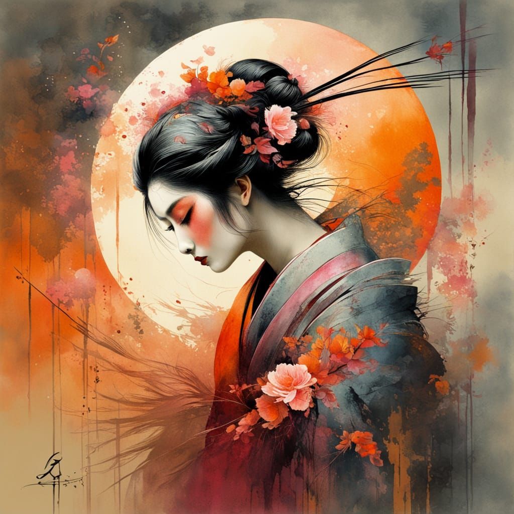 Stylised watercolor, soft pastel Geisha   by @MrKitWalker