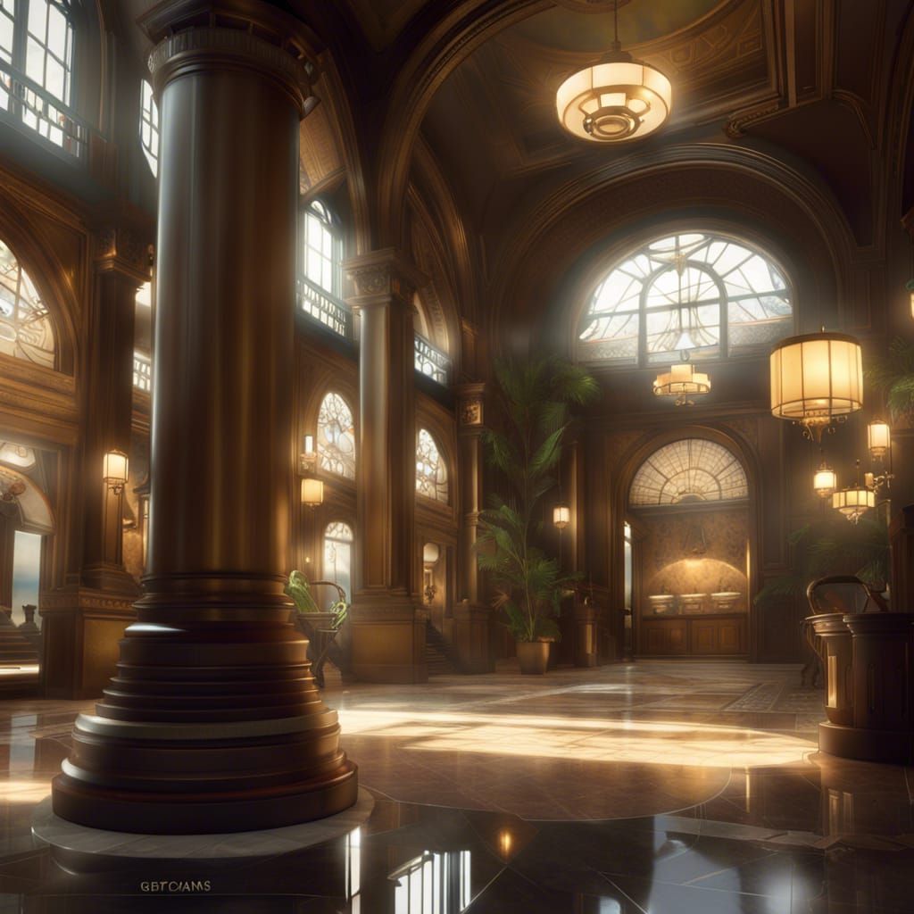 hotel lobby, detailed faces, hyperdetailed, bioshock, greg k...