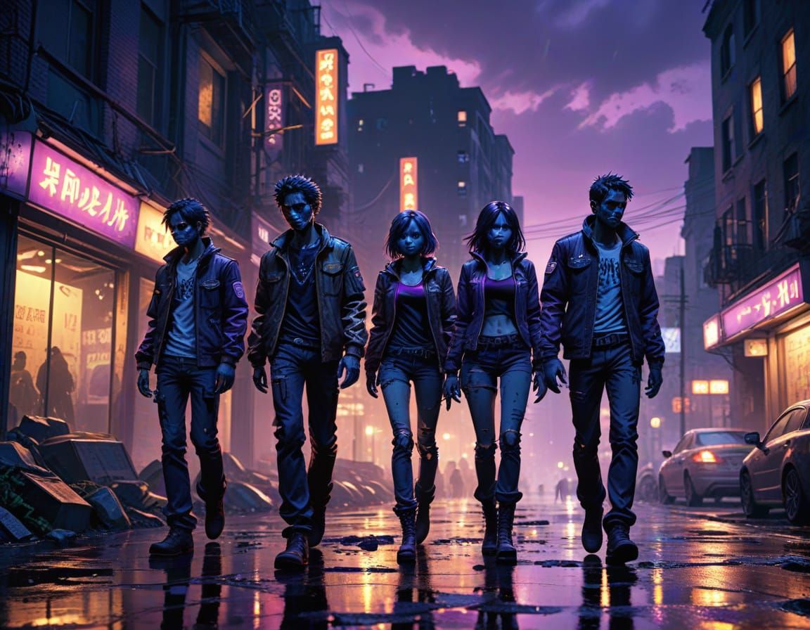 Epic Anime Zombies in a Ruined City at Dusk