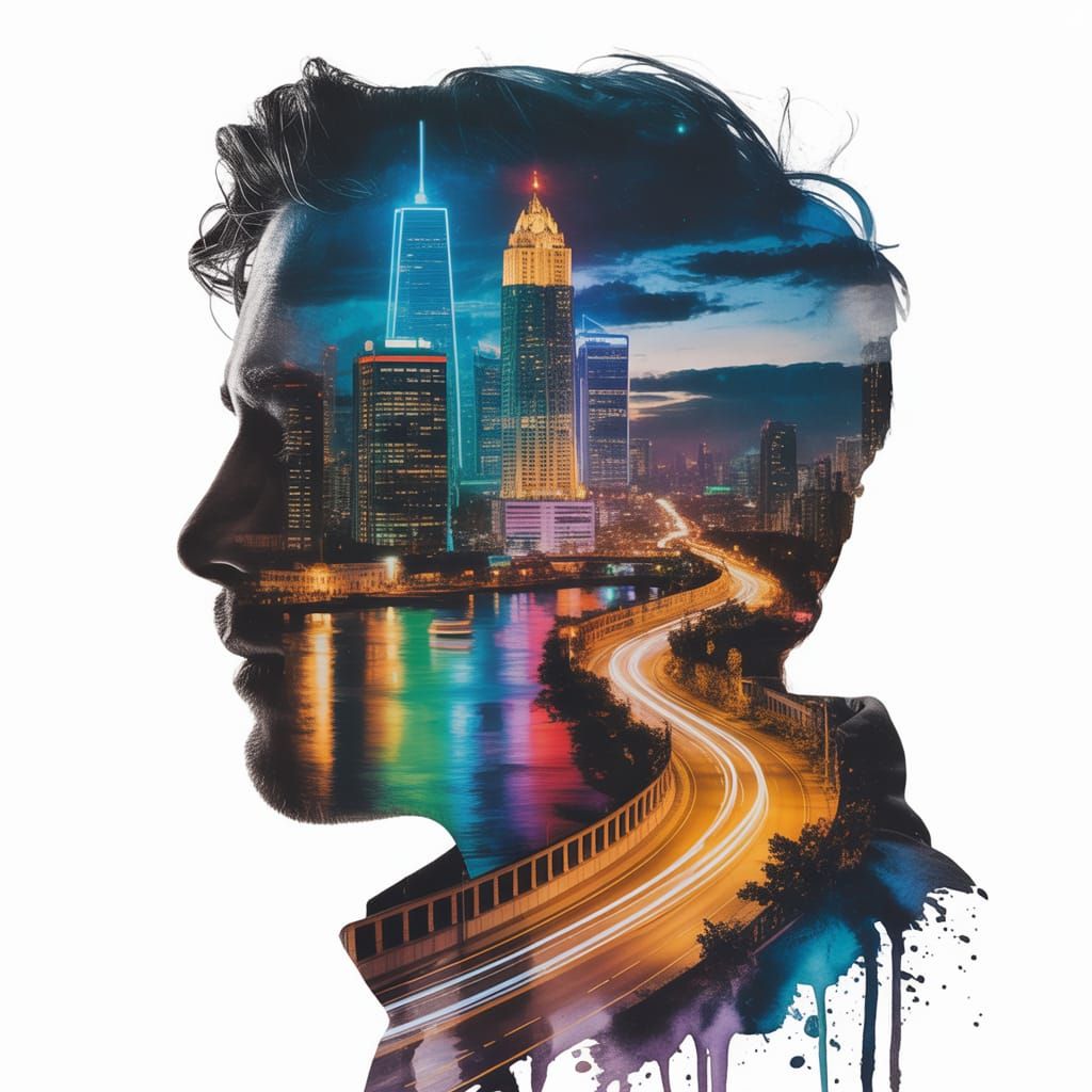 Night Cityscape Silhouette Portrait in Watercolor Style