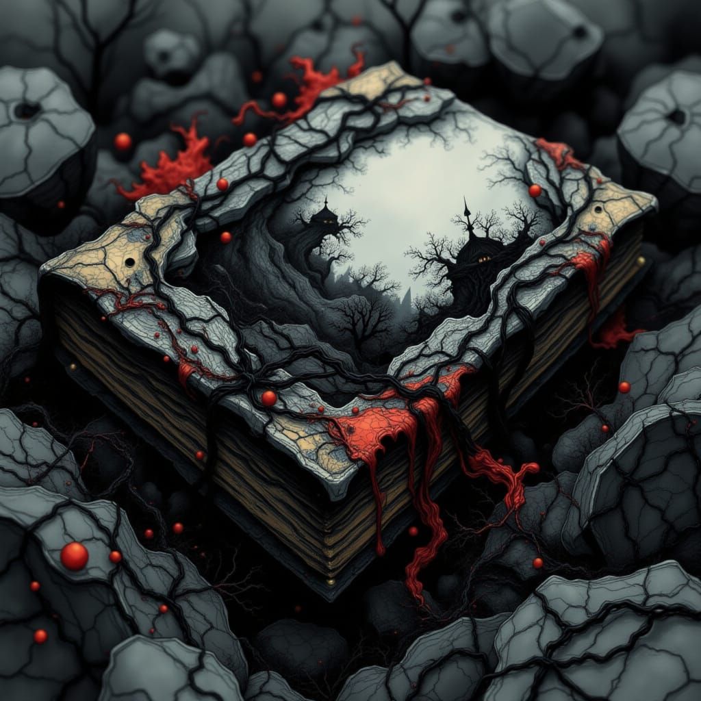 <lora:Noirscape Reverie:1.0> an extreme close-up of an anime Wickedly sinister, leatherbound Book, HDR.