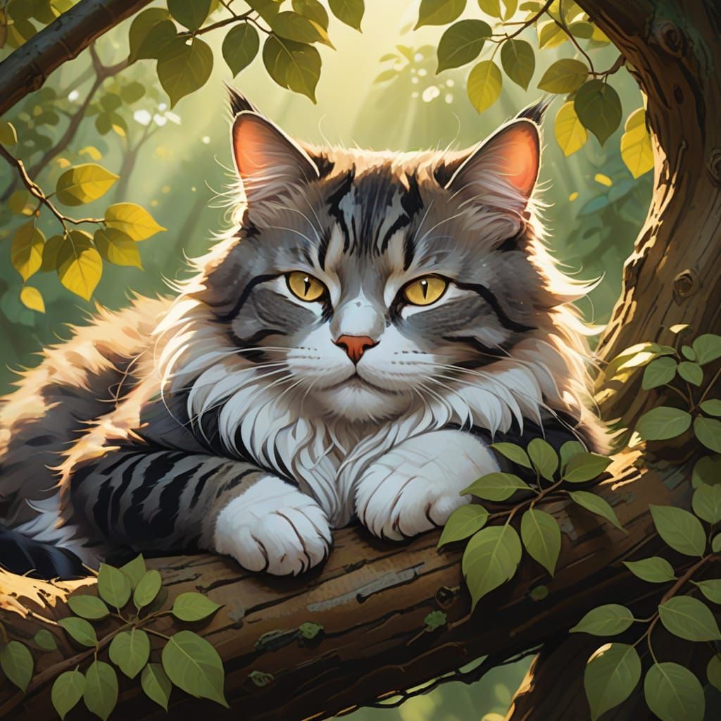 Cat Sleeping in Tree, Studio Ghibli Style