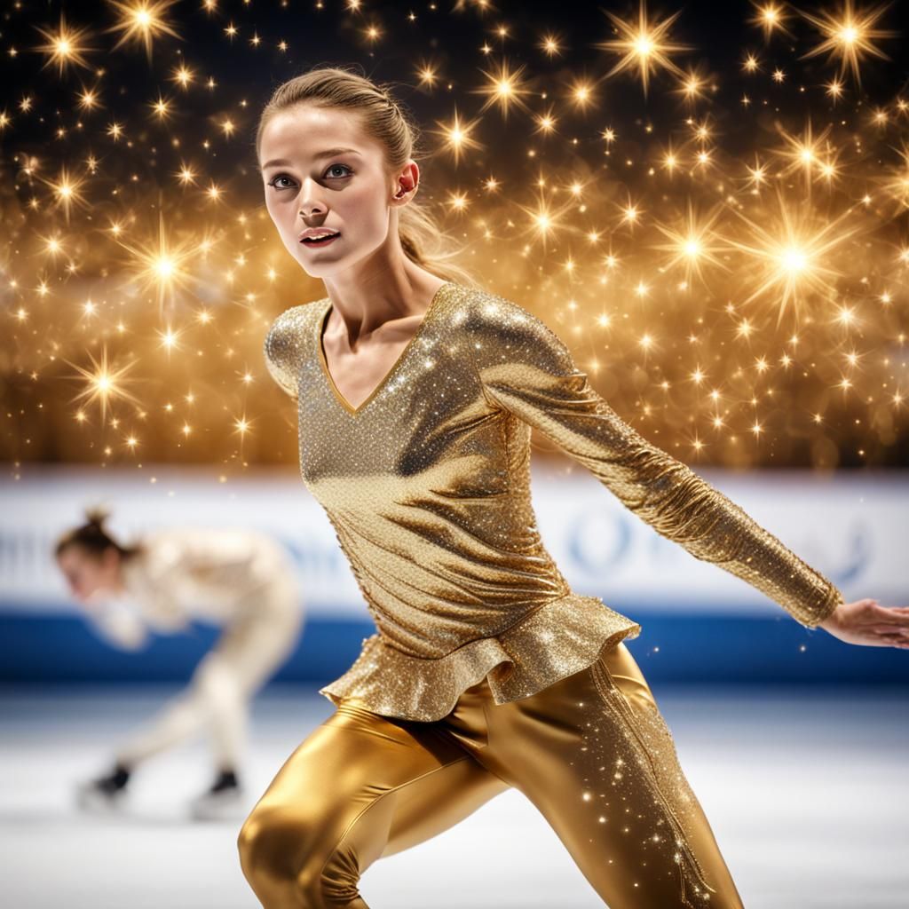 ice skater in a beautiful golden outfit with sparkles and st...