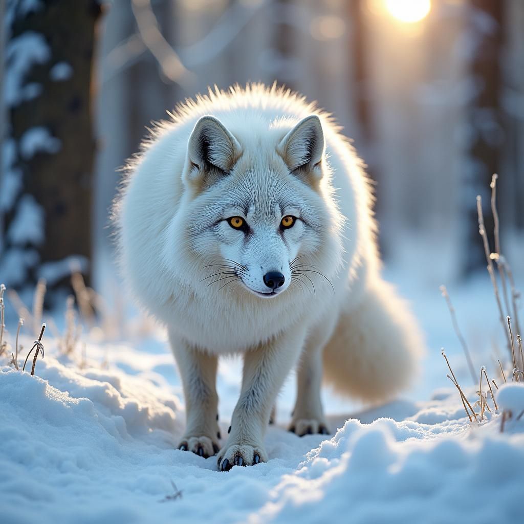 A white fox, with multicolored iridescent shimmering fur, prowling in a winter forest, detailed photography 