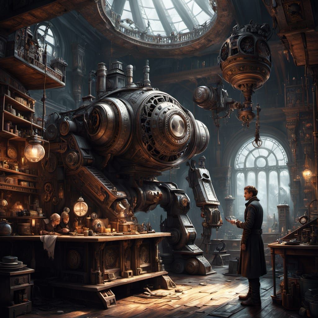 A steampunk dad in a Victorian outfit fixes a broken robot toy for his child in a cozy workshop. 2