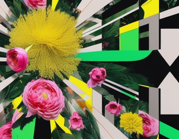 A massive flower display, pink peonies, red roses and yellow...