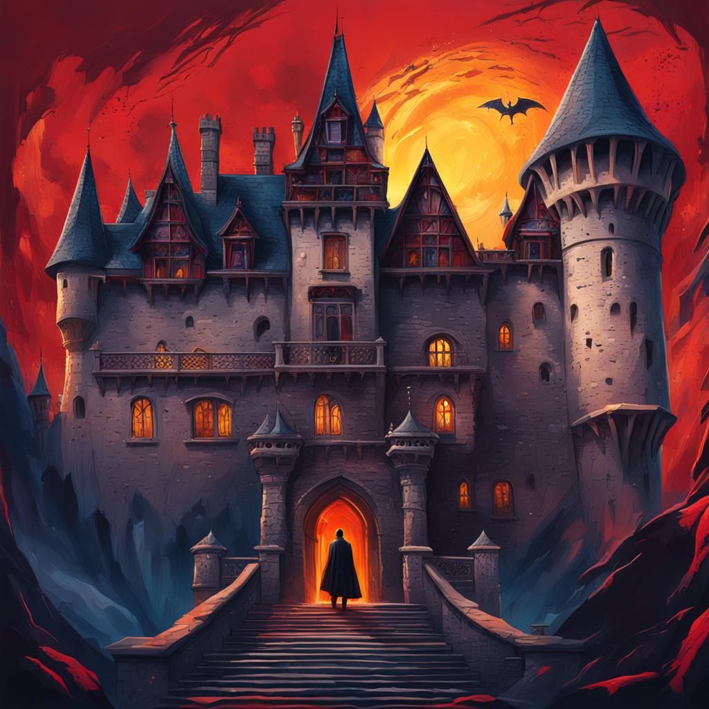 Magificent Transylvania castle with evil Dracula looking out...