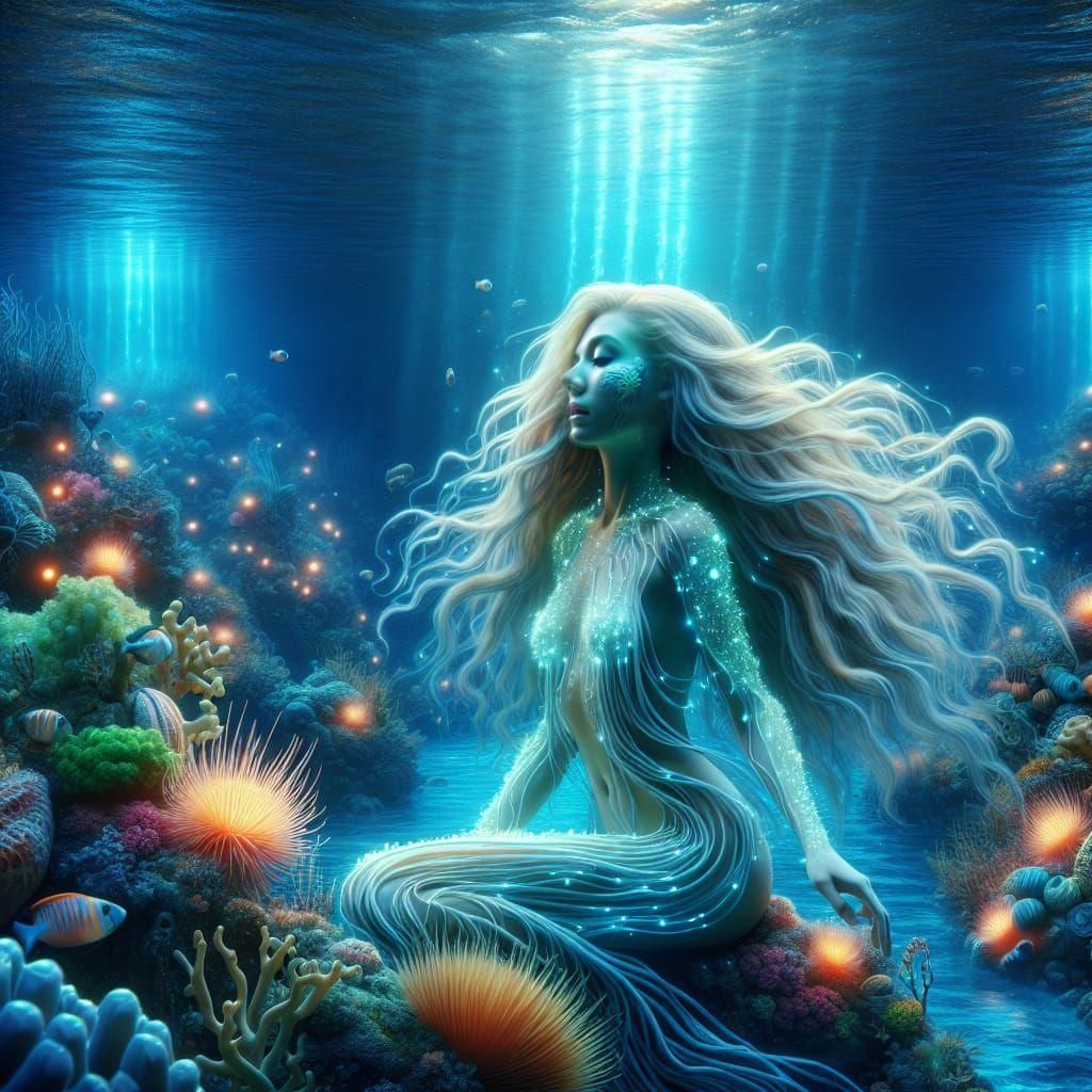 Underwater sea maiden with flowing blonde hair, in an exotic coral reef