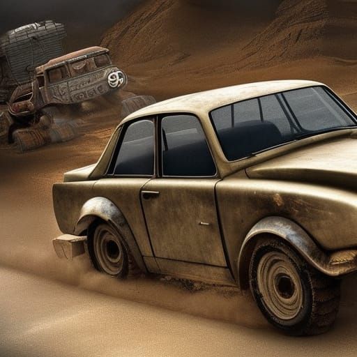 trabant 601 as a madmaxcar. hyperdetailed and hyperrealism