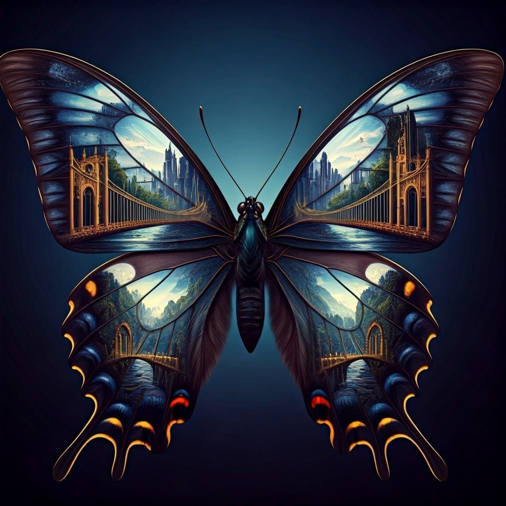 A surreal butterfly with architectural elements emerging from its wings. 