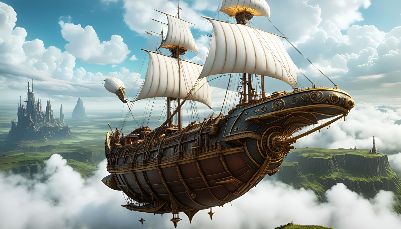 Fantasy airship hovering over a prairie, sailing ship, detai...