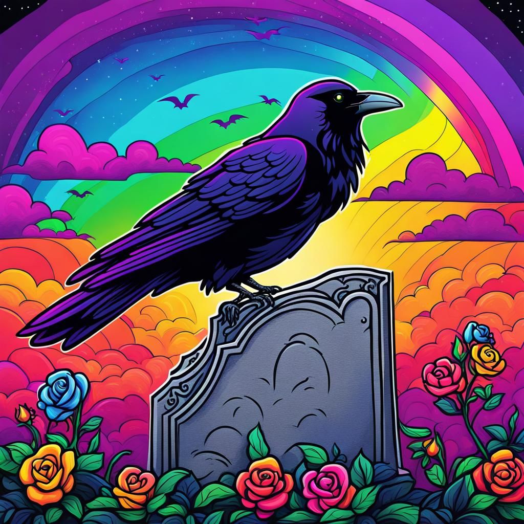 In the style of Lisa Frank. A Raven perched on gravestone. S...