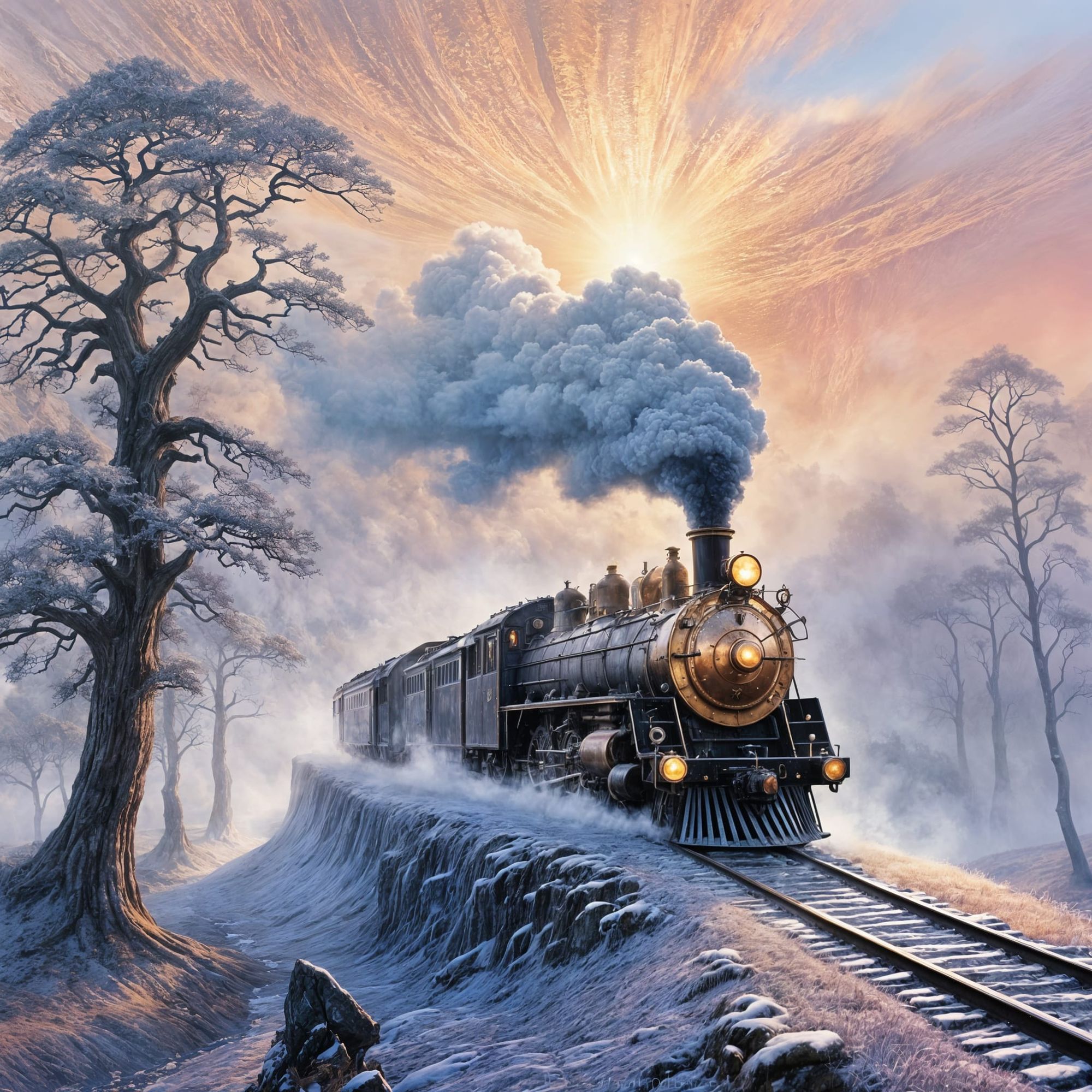 Mystical Foggy Fantasy – Trains and Planes in a Dreamlike World

A highly detailed fantasy painting, cinematic, painterly style with rich te...