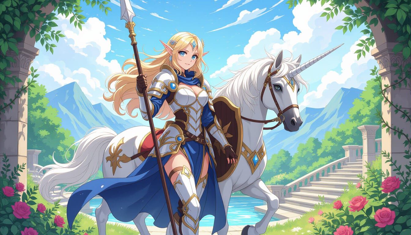 d&d, 2d, full body, anime key visual, vibrant colors, dynamic pose, blue eyes, gold blonde hair, pointy ears, elf knight...