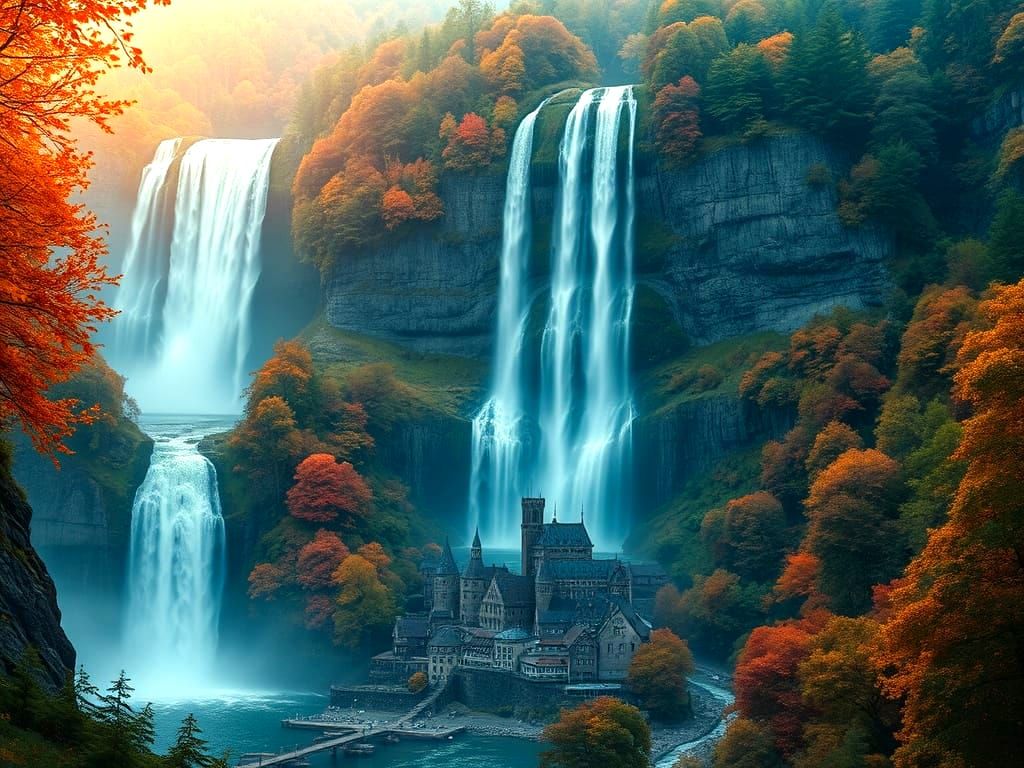 [v1] water pours down as a majestic waterfall in a scenery filled with multicoloured autum leaves everywhere, ...  by @lets-give-ai-a-chance