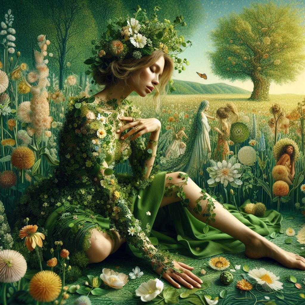 woman dressed in green flowering grass, barefoot