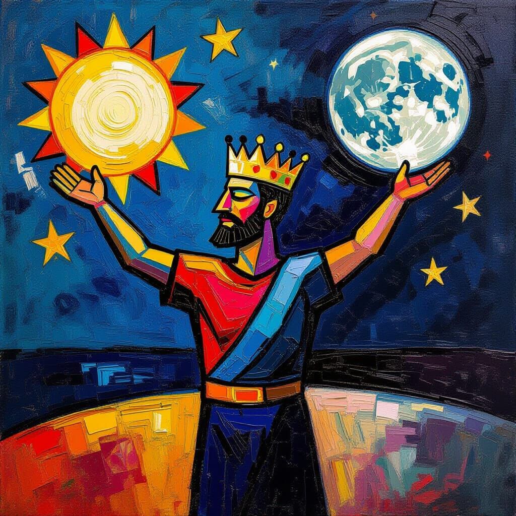 Crowned Man Holds Sun and Moon: Expressionist Acrylic Painti...