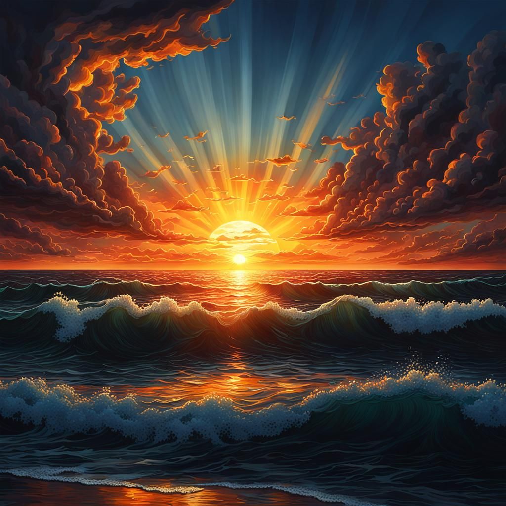 A painting of sunset over the ocean, by Tatiana Hordiienko, ...