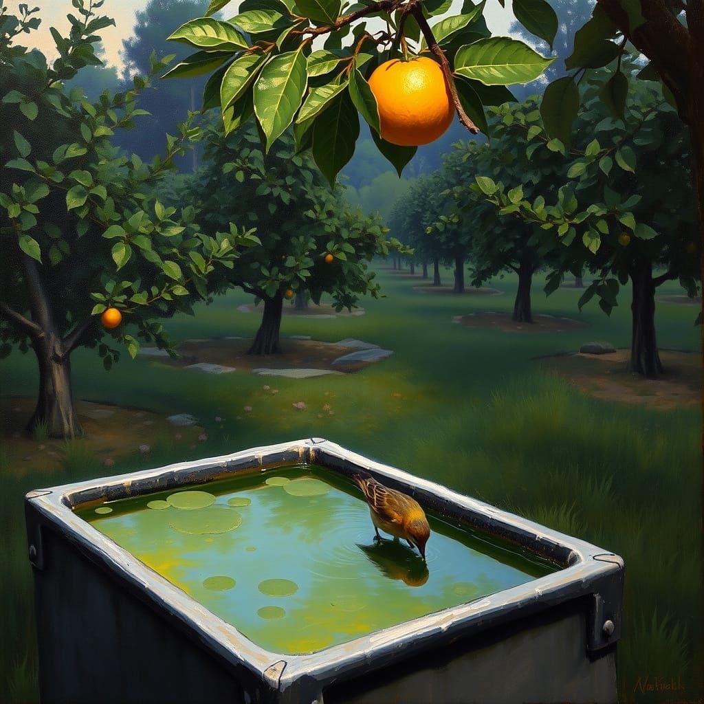 Impressionist Orchard at Dusk with Bird Drinking