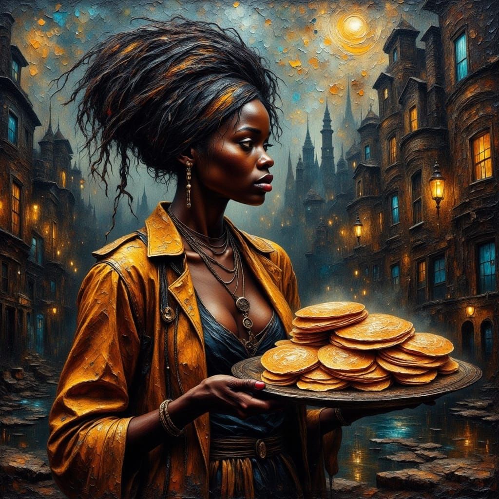 Dark Neo-Expressionist Portrait of African Woman with Pancak...