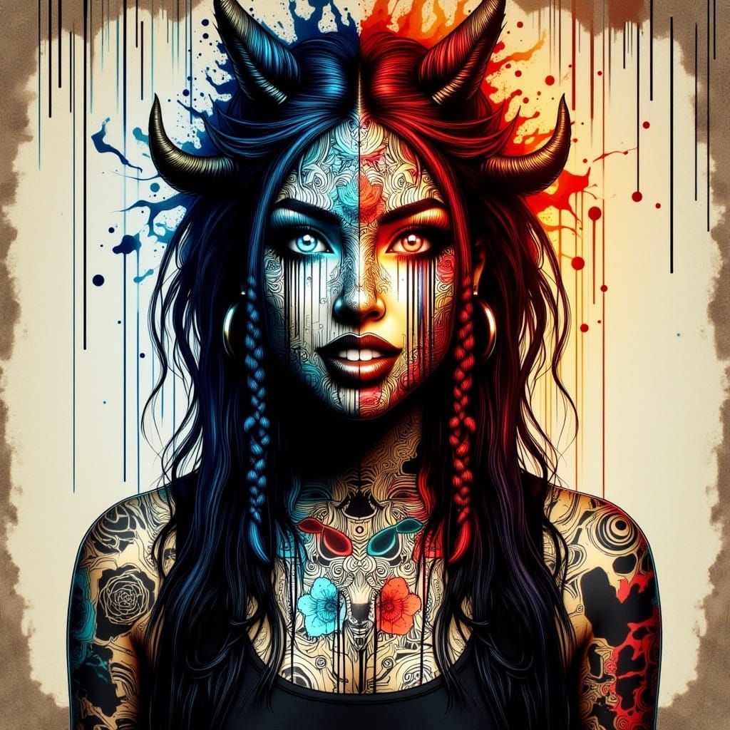 An alternative woman with hair in braids. Tattoos. Zentangle.  Ink drips. Dynamic lighting <lora:AlternaInk:1.0> 