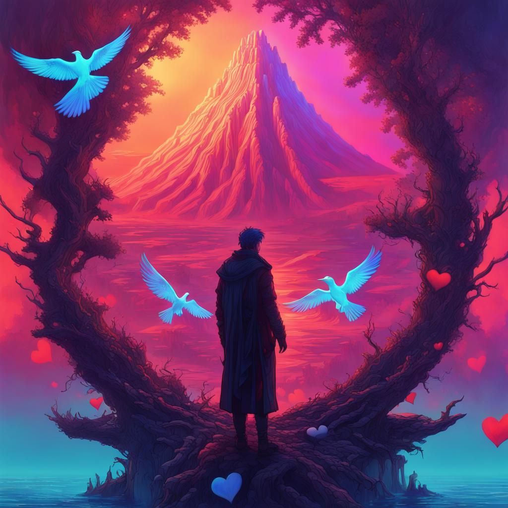 volcano, new earth, Merlin holding Lady of the Lake, fractal...