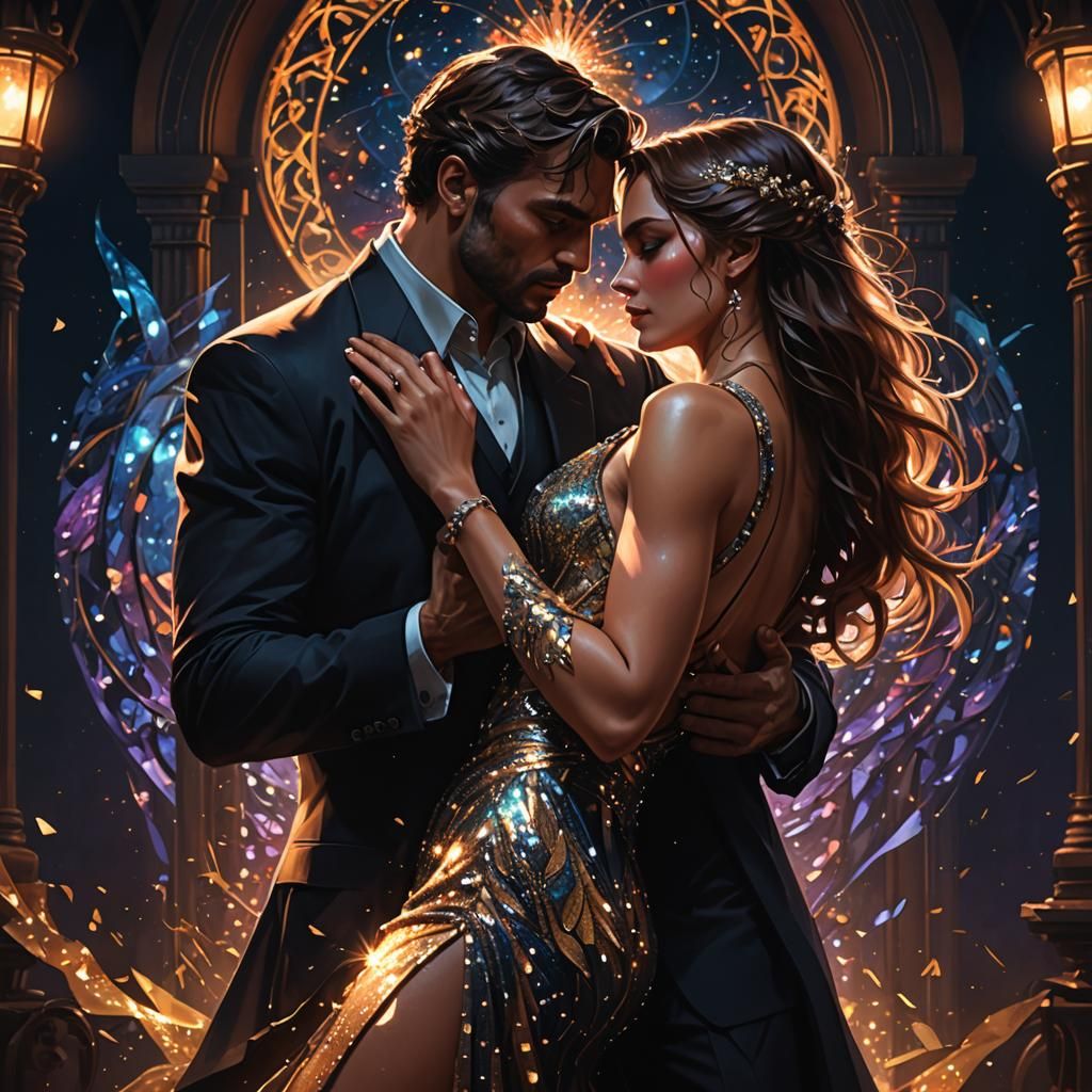 Fullbody portrait Hyper-realistic digital painting of glittery light shadow silhouette of man and woman ...  by @Jasti