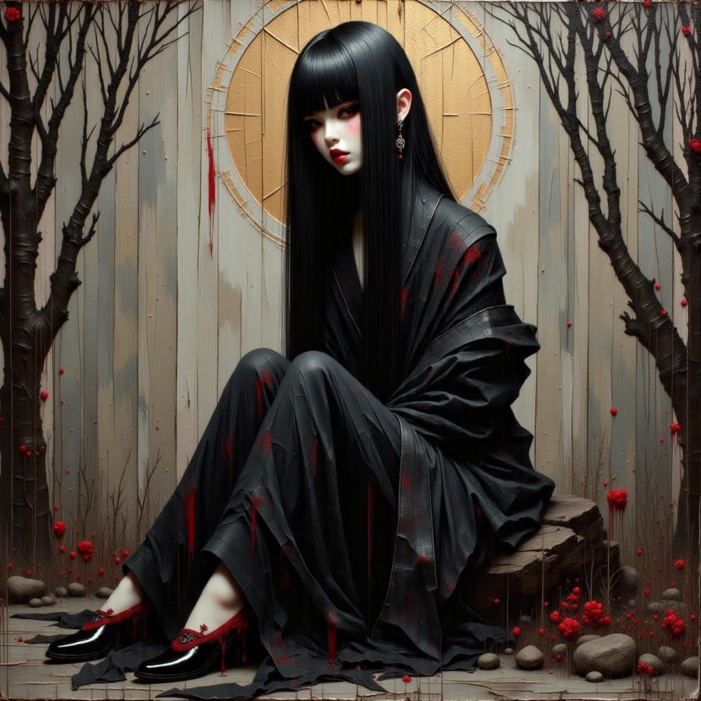 <lora:Goth Grunge Beauty:1.0> heavy extreme smudged oil impasto-style brushwork, An anime manga elegant gorgeous glamorous gothic grunge jap...