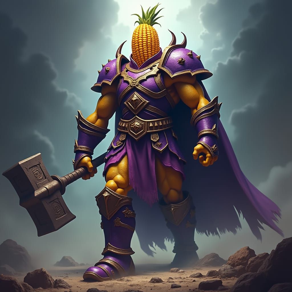 Colossal Corn Warrior King in Dark Fantasy Style