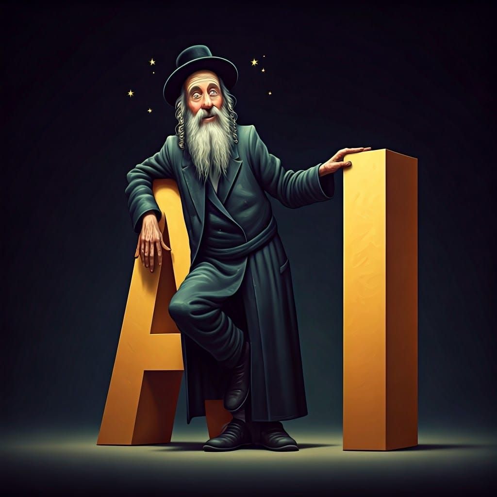 Joyful Hasidic Rabbi Marvels at AI Structure in Vibrant, Car...