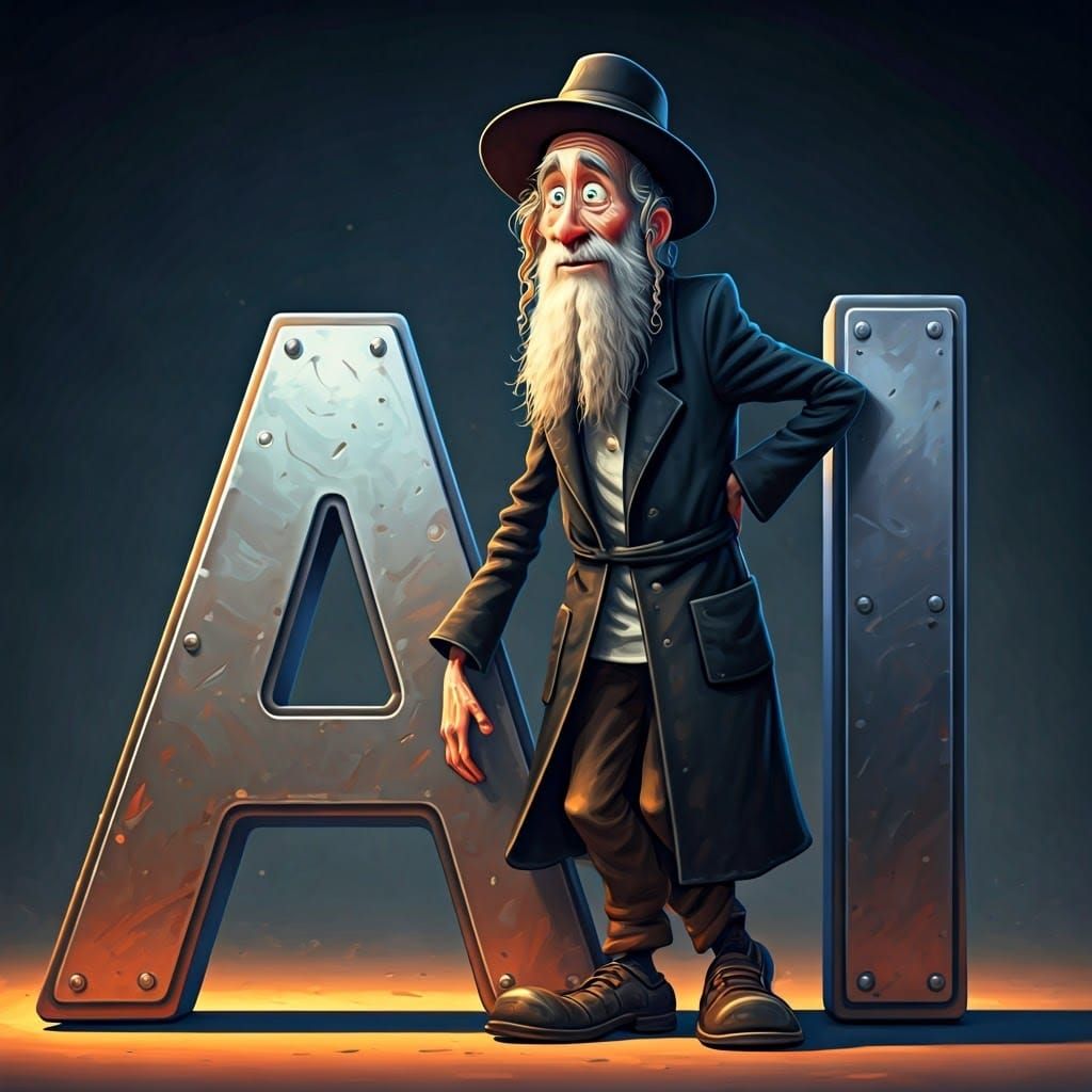 Inspirational Hasidic Figure Stands Beside Shining AI Letter...