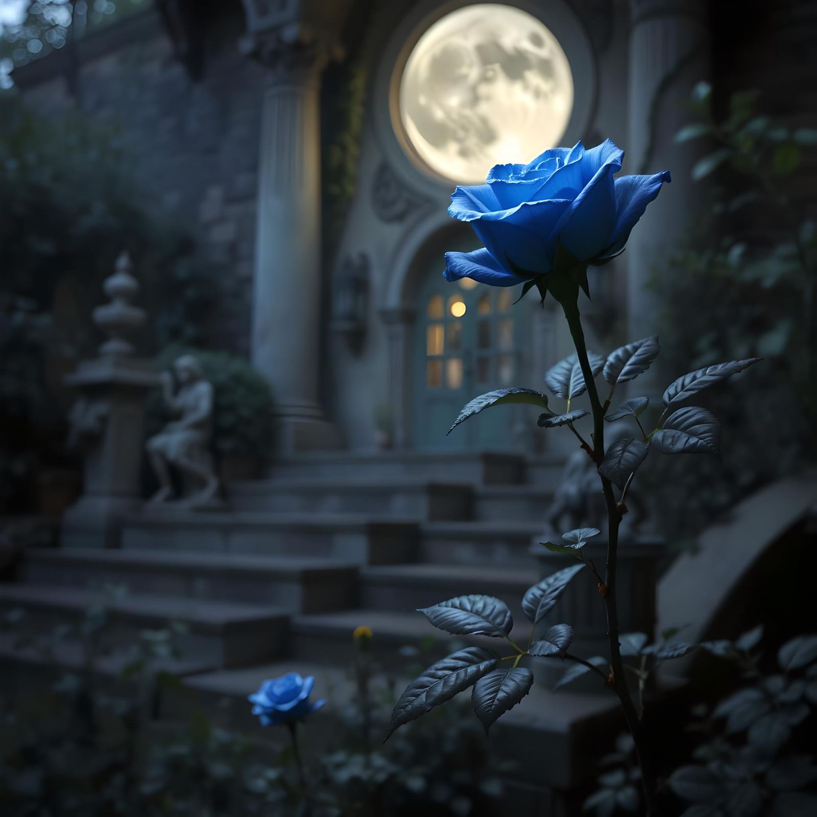Moonlit blue rose garden