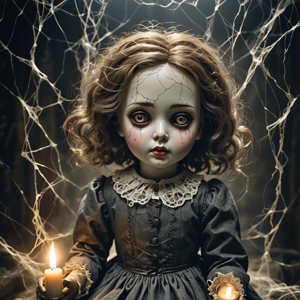 Create an eerie scene of a cursed object in a dark and mysterious atmosphere. Imagine a cracked porcelain ...  by @Fausto Santos