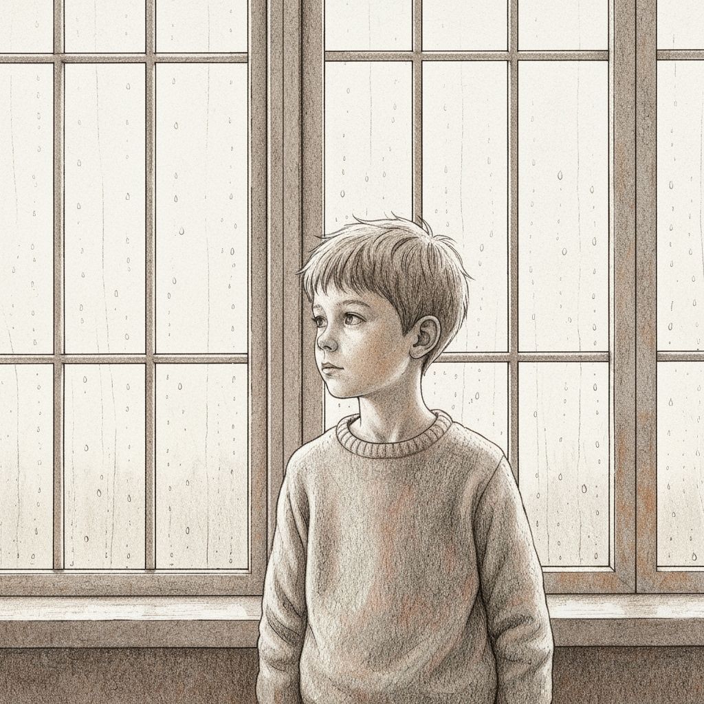 Boy at Window in Pencil Sketch Style