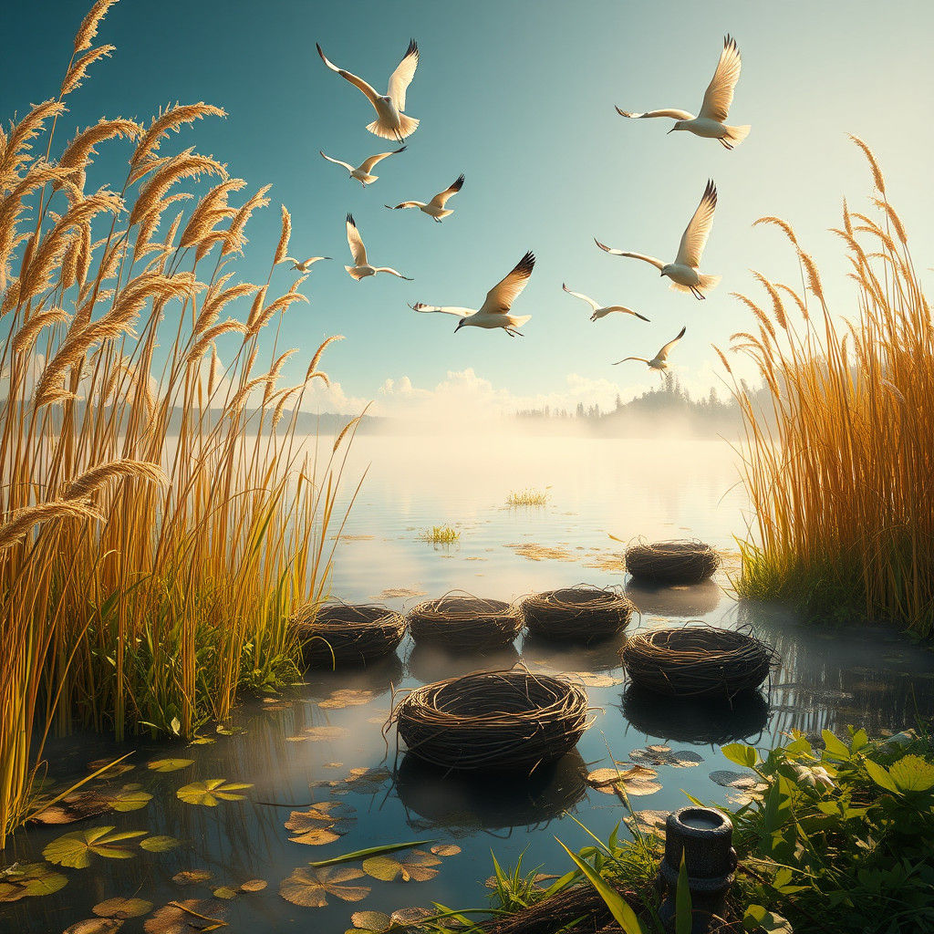 Cranes Soaring Over Lakeside Reeds: Matte Painting