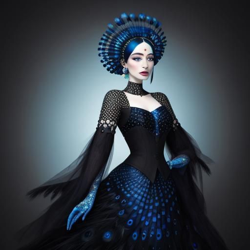 Beautiful woman with pale skin with black dots. Dark blue peacock feathers coming out of her