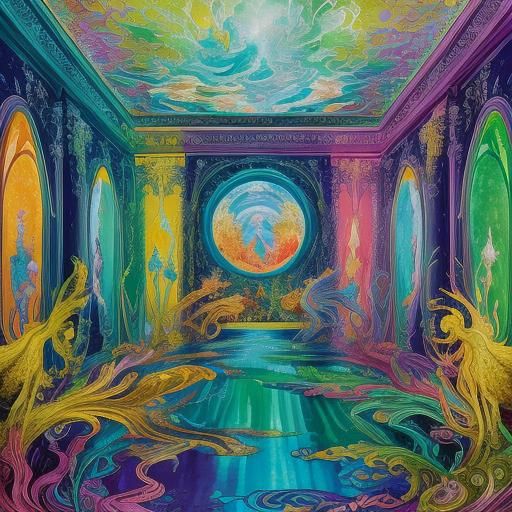 a watercolored painting of a surreal paradise with lots of m...