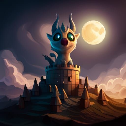 cute big eyed baby dragon sitting on top of a Medieval castl...