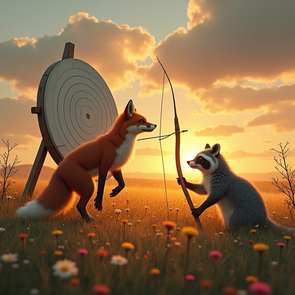 Create a highly detailed, realistic fantasy-style scene on a picturesque meadow during a golden sunset. The setting features a vast field of...