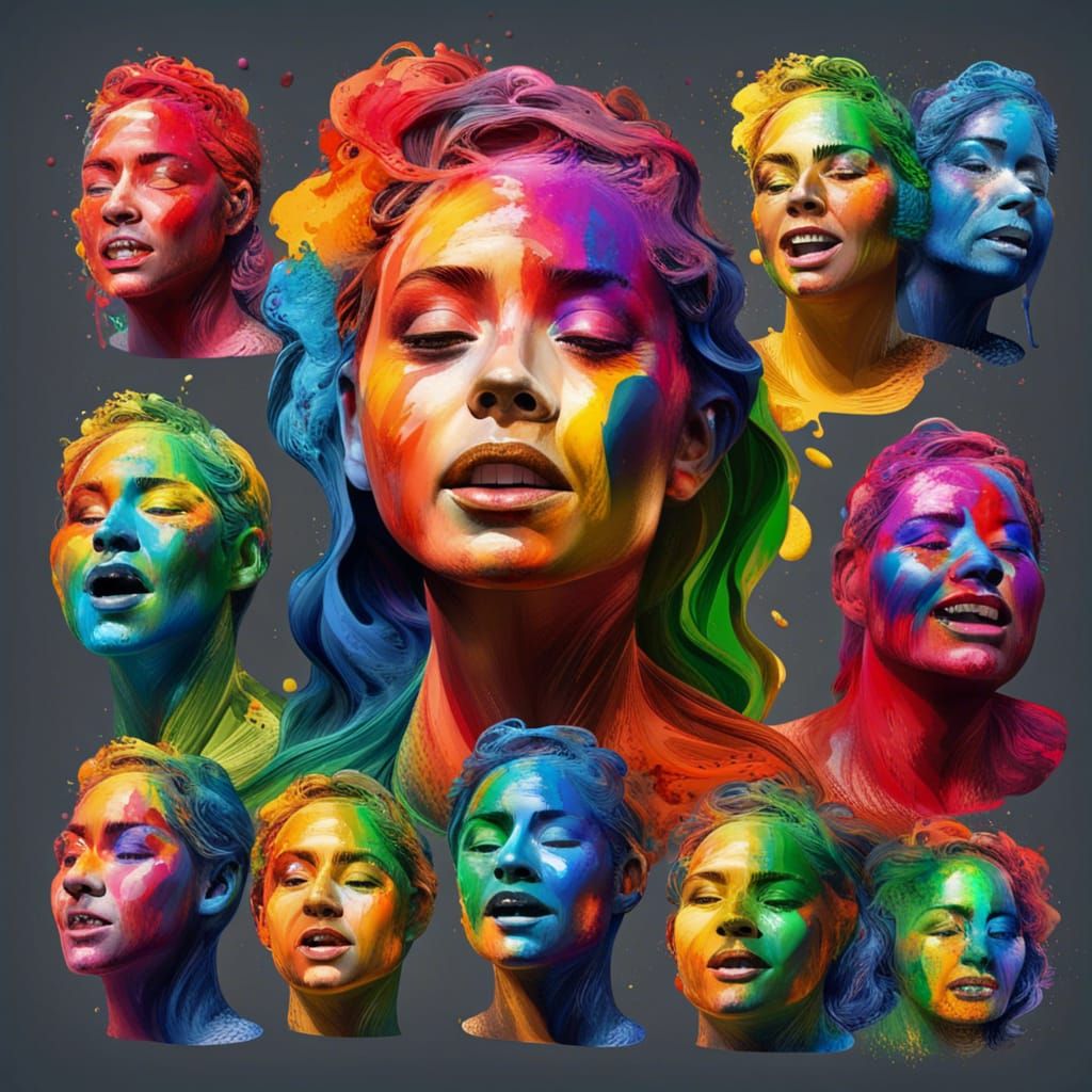 a set of multicolor rainbow paint face collage images based ...