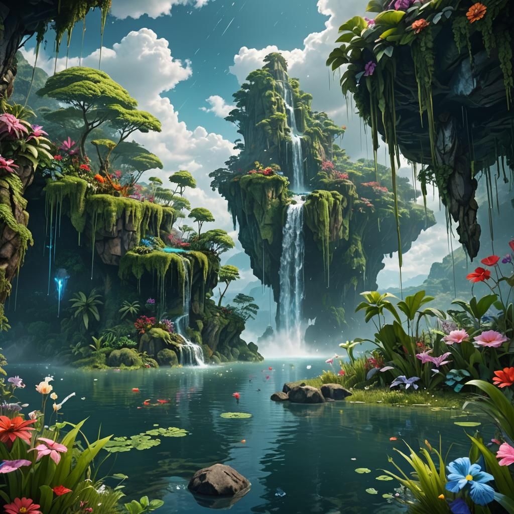 Floating Rainforest Island with Crystals: Fantasy Concept Ar...