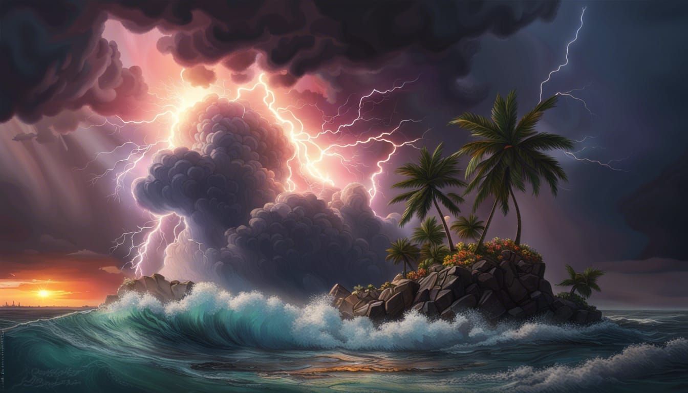 Spectacular lightning and thunderstorms over a small tropical island with  wild crashing waves - 9557 - AI Generated Artwork - NightCafe Creator