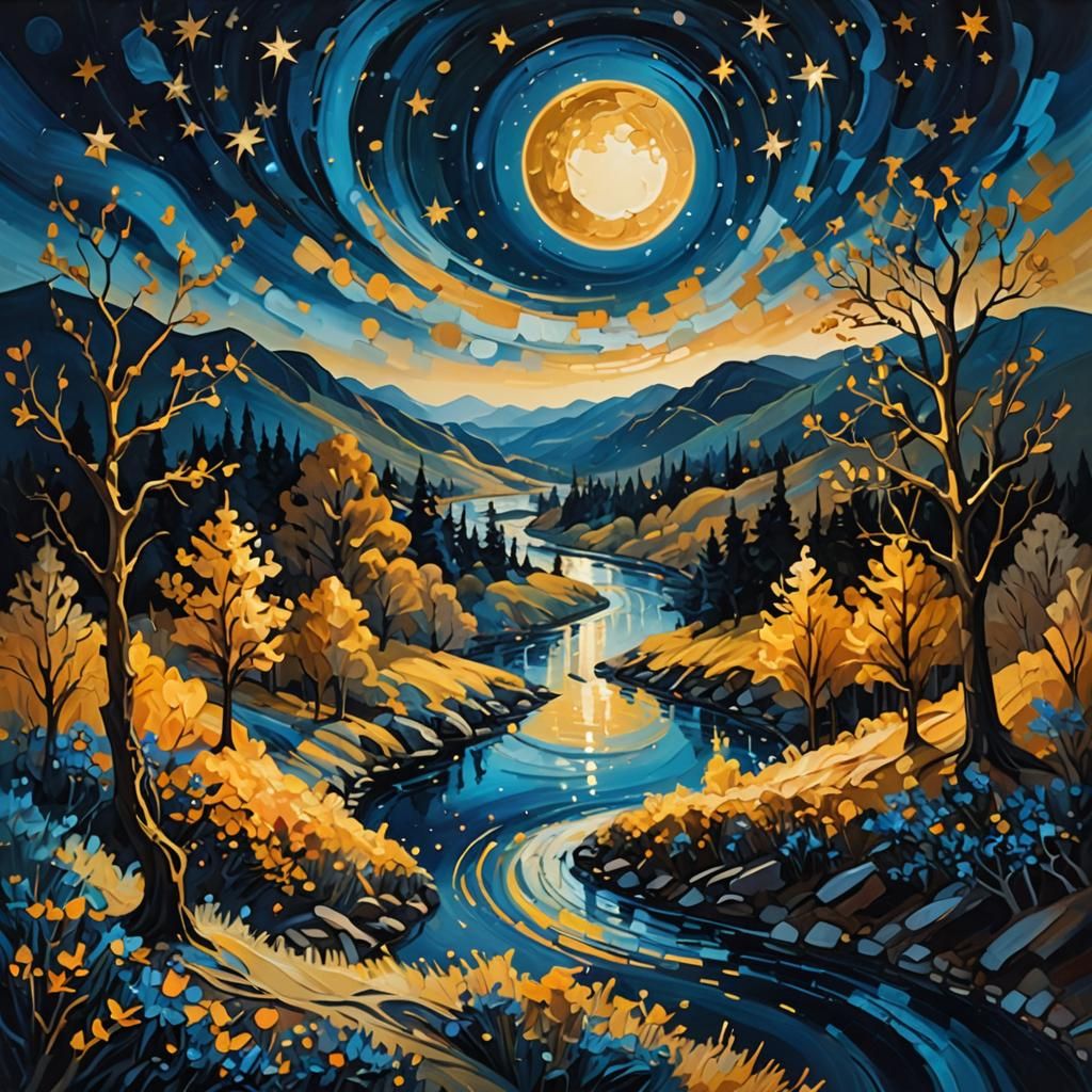 nightly landscape in style of kadinsky and monet