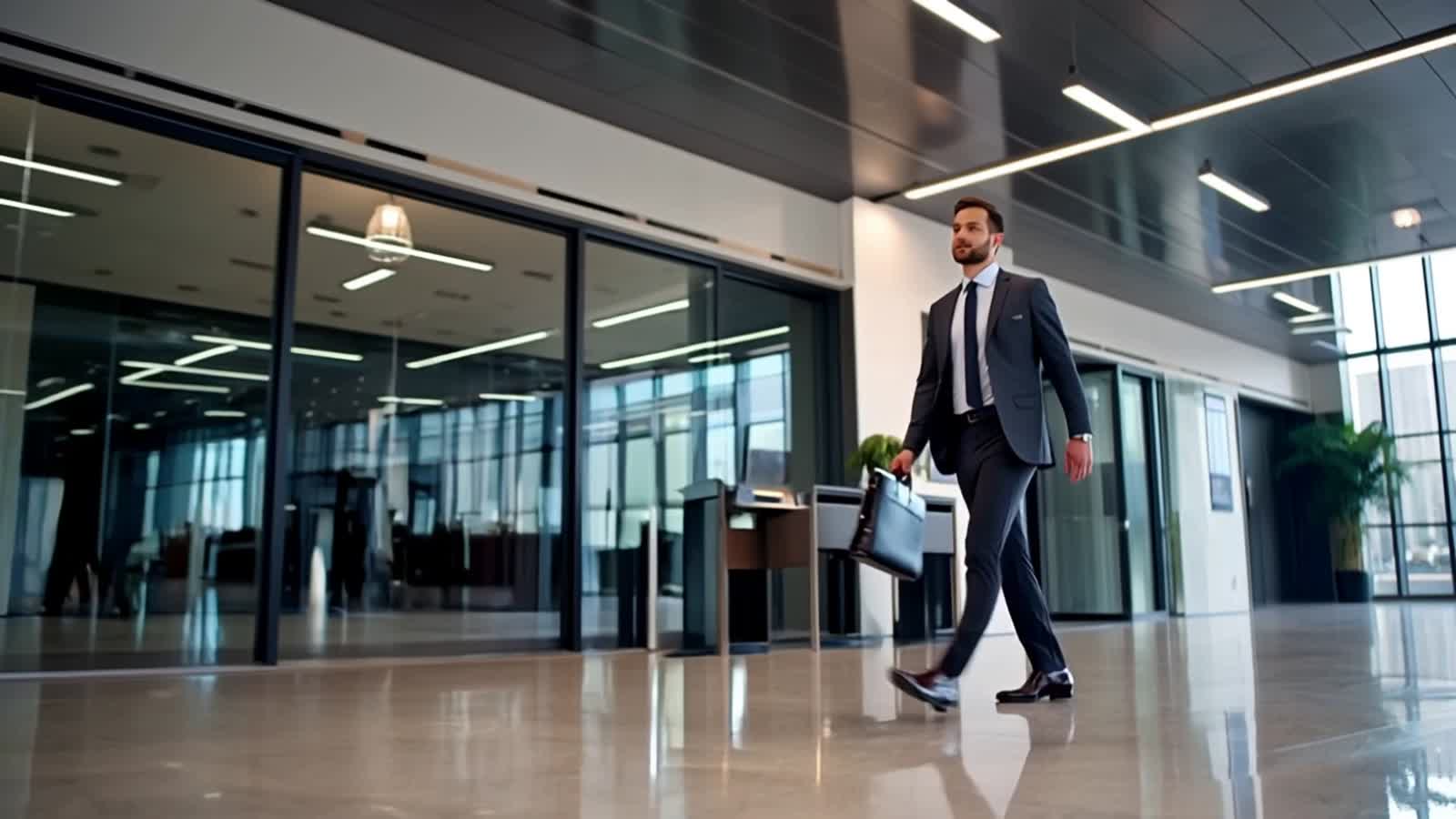 "A 3D animated businessman in a dark grey suit with a briefcase walks confidently through a modern corporate office lobb...