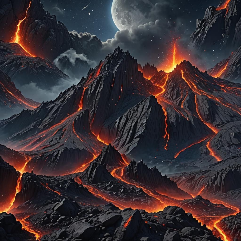 Bright lava spills down mountain dark blue sky moon and star...