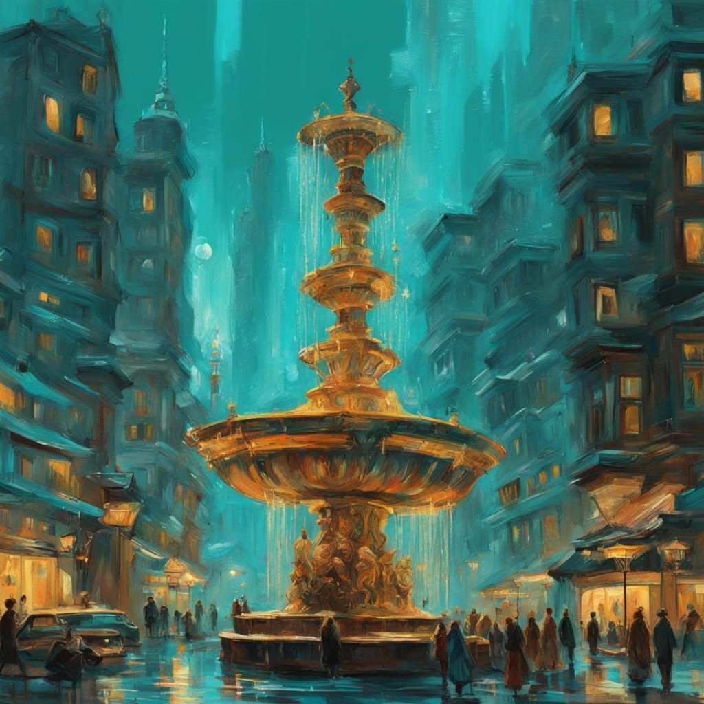 This image shows a night view of a city street, focusing on a large, multi-tiered fountain that sparkles in golden hues. Here is a more deta...