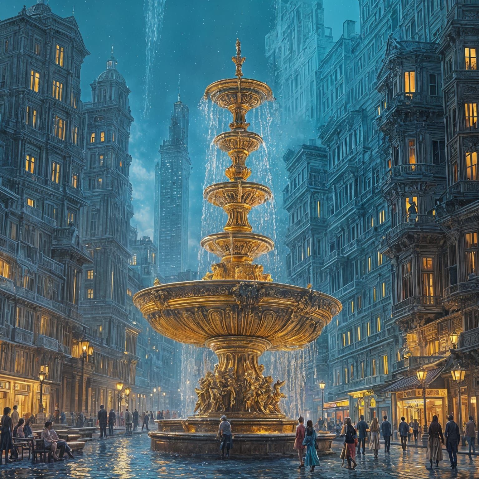This image shows a night view of a city street, focusing on a large, multi-tiered fountain that sparkles ...  by @Likvi
