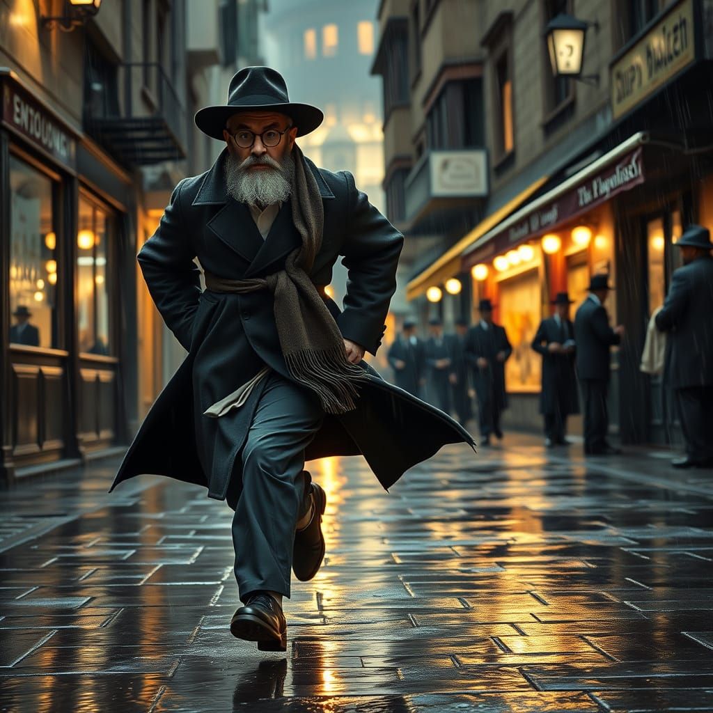 Hasidic Man Runs Through Rainy Street