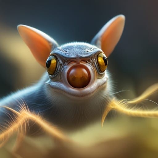 small creature with sharp teeth, yellow scales, big ears and one big eye. Hyper realistic 8k resolution intense depth of...